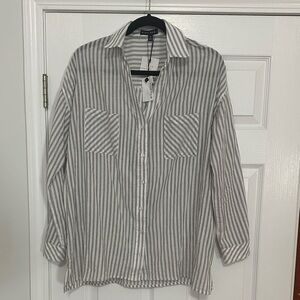Gray and White Striped Boyfriend Button-Up Shirt